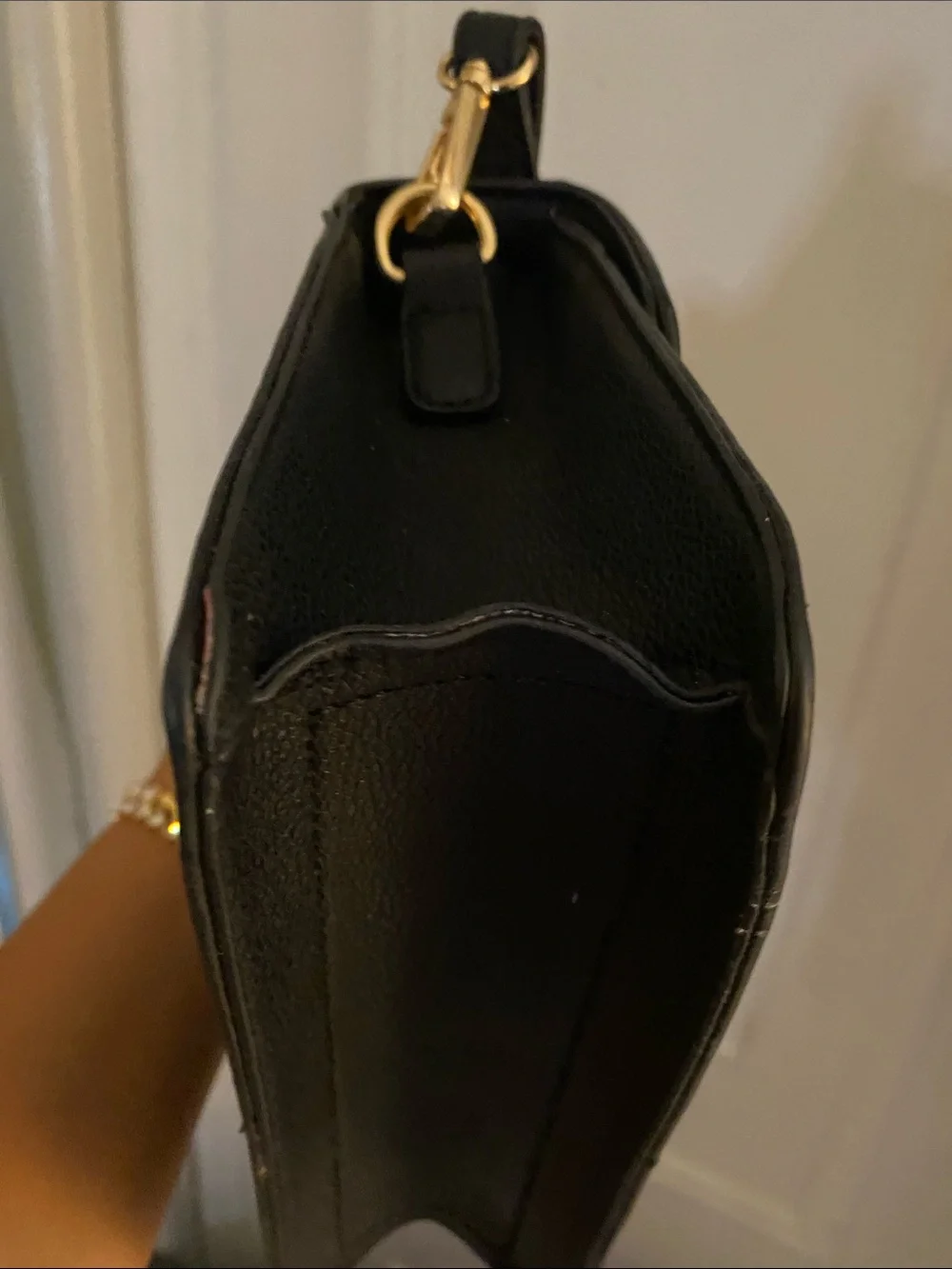 Women's Black Leather Top-Handle Crossbody Bag with Gold Padlock